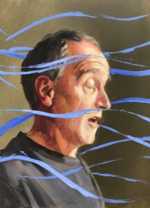 A painting of Paul’s head facing to the right, eyes closed in mid stammer. Blue ribbons of paint flowing past him representing possible word substitutions