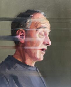 A painting of Paul’s head facing right in mid stammer but sections of paint are smeared from right to left like the blurring of time